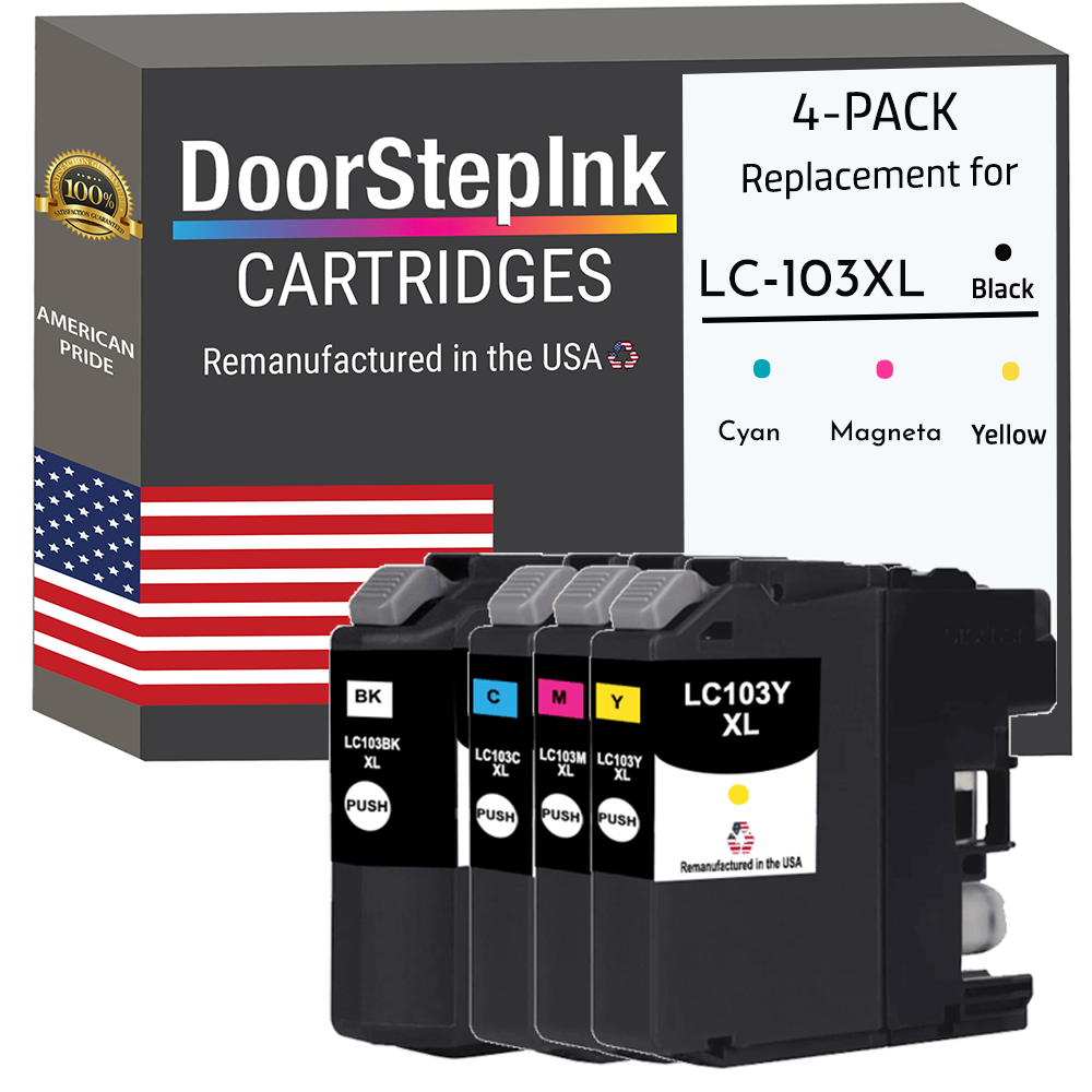 DoorStepInk Brand for Brother LC103 XL High Yield Black / 3 Color 4-Pack Remanufactured in the USA Ink Cartridge